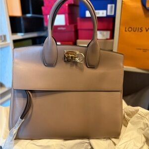 Salvatore Ferragamo Studio Top Handle Leather Bag “Mud” New w/ Box Dust Bag